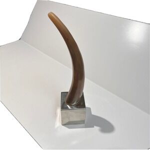 Cow Horn on Steel Pedestal Base Cube Sculpture Objet D’Art